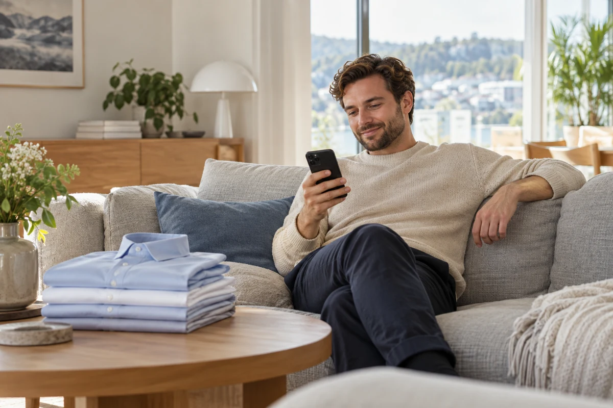 Hjemme i sofaen med telefonen og ferdigvaskede skjorter